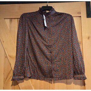 New! Women's Size 16 Blouse High Neck Ruffle Paisley Mushroom Look Quirky Button